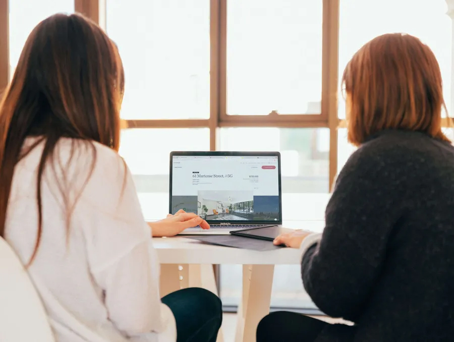 image of real estate agents looking at a computer screen.